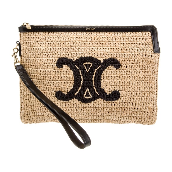 Celine Raffia Triomphe Pouch Clutch Wristlet Black - Picture 1 of 10
